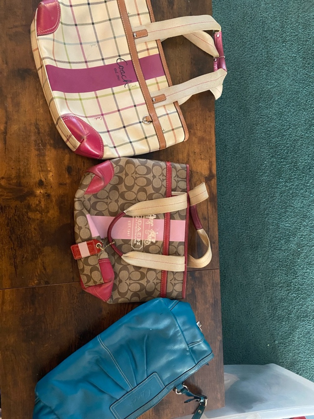 Bundle of 3- Coach Multicolor Tote Set with Pink Accents and Teal Shoulder Bag